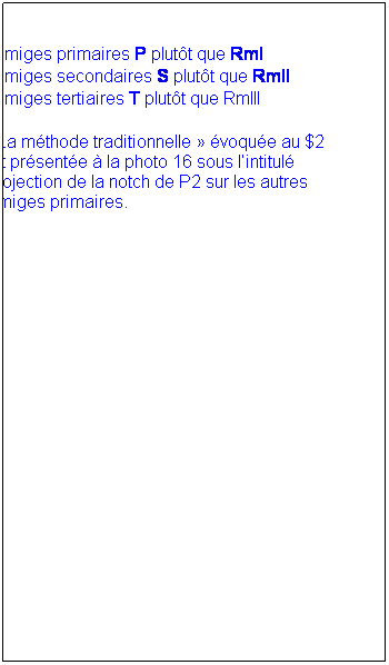 Zone de Texte: NB : la notation des rmiges a volu depuis 1987. Les articles plus rcents prennent comme appellation :

 
Rmiges primaires P plutt que RmI
Rmiges secondaires S plutt que RmII
Rmiges tertiaires T plutt que RmIII
 
 La mthode traditionnelle  voque au $2 est prsente  la photo 16 sous lintitul  projection de la notch de P2 sur les autres rmiges primaires.
